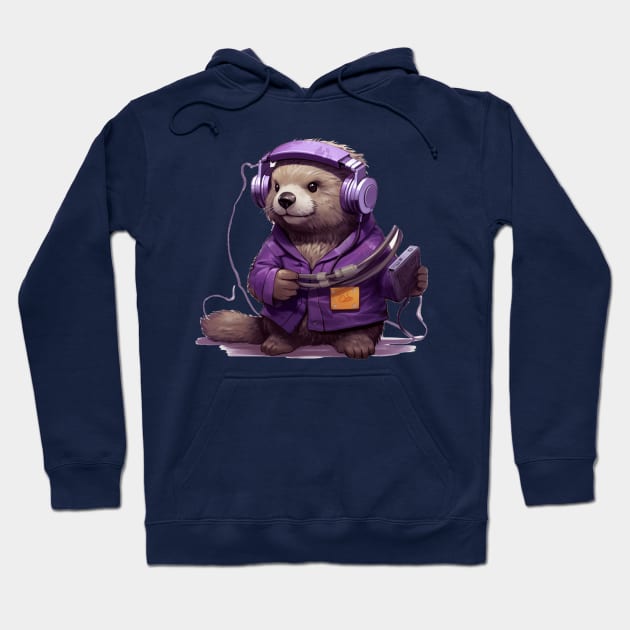 Kawaii otter listen music on the Purple tape cassette with cute face in cartoon style Hoodie by MilkyBerry